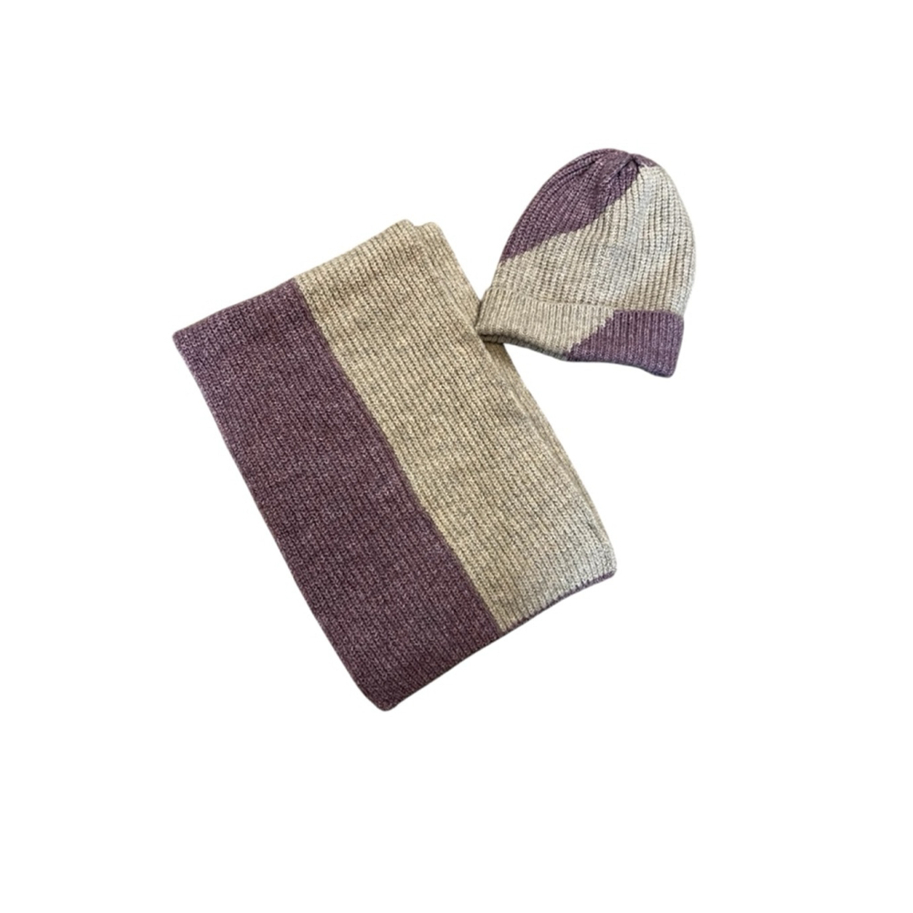 Women's Beanie Winter Hat Toque and Scarf Set One Size Beige Purple